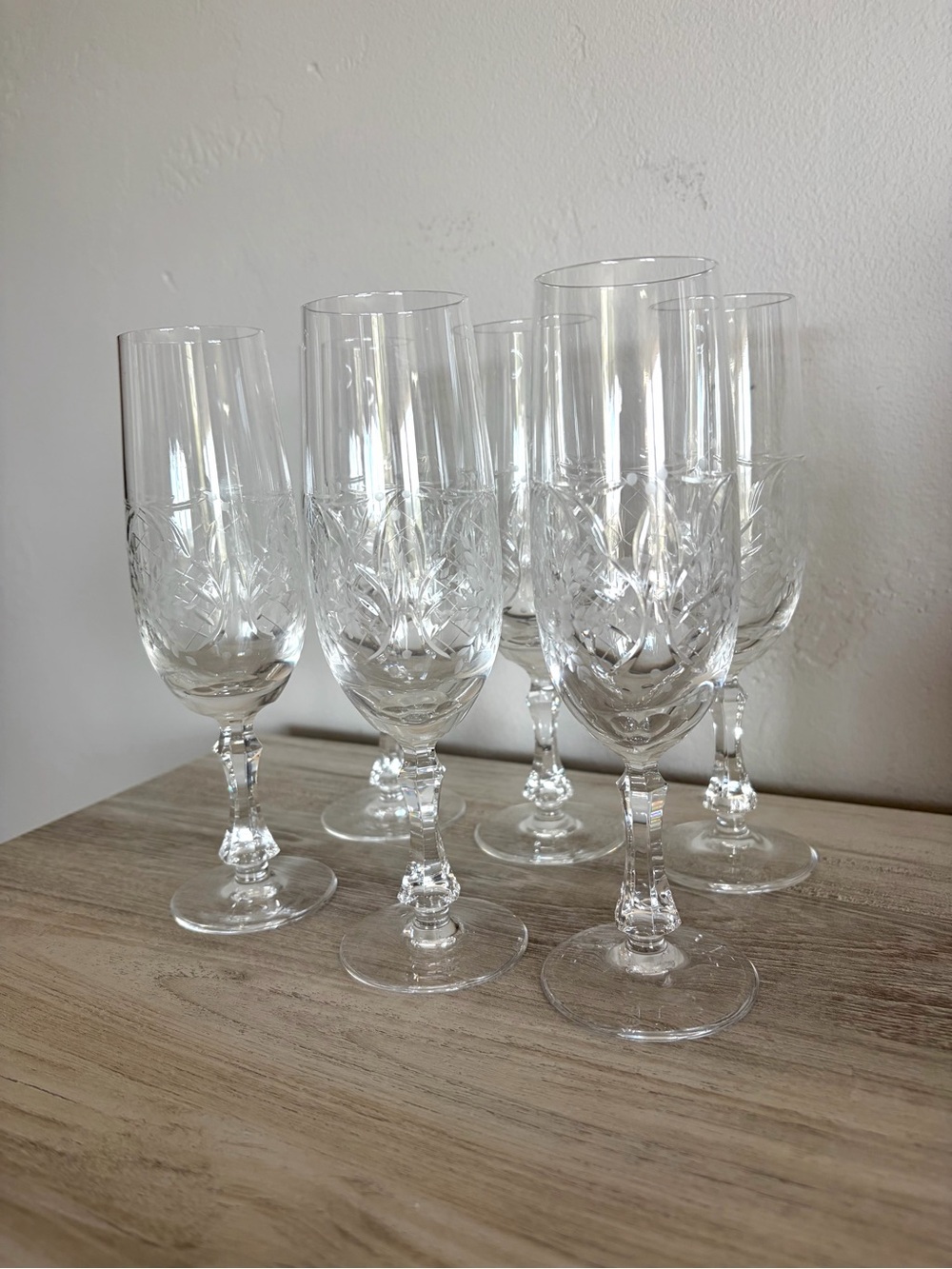 Vintage Crystal Etched Stemmed Champagne Flutes — Clear (Set of 6)